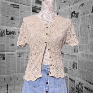 GAP Beige Crochet Knit Cardigan Women's Medium Linen Cotton Short Sleeve Boho